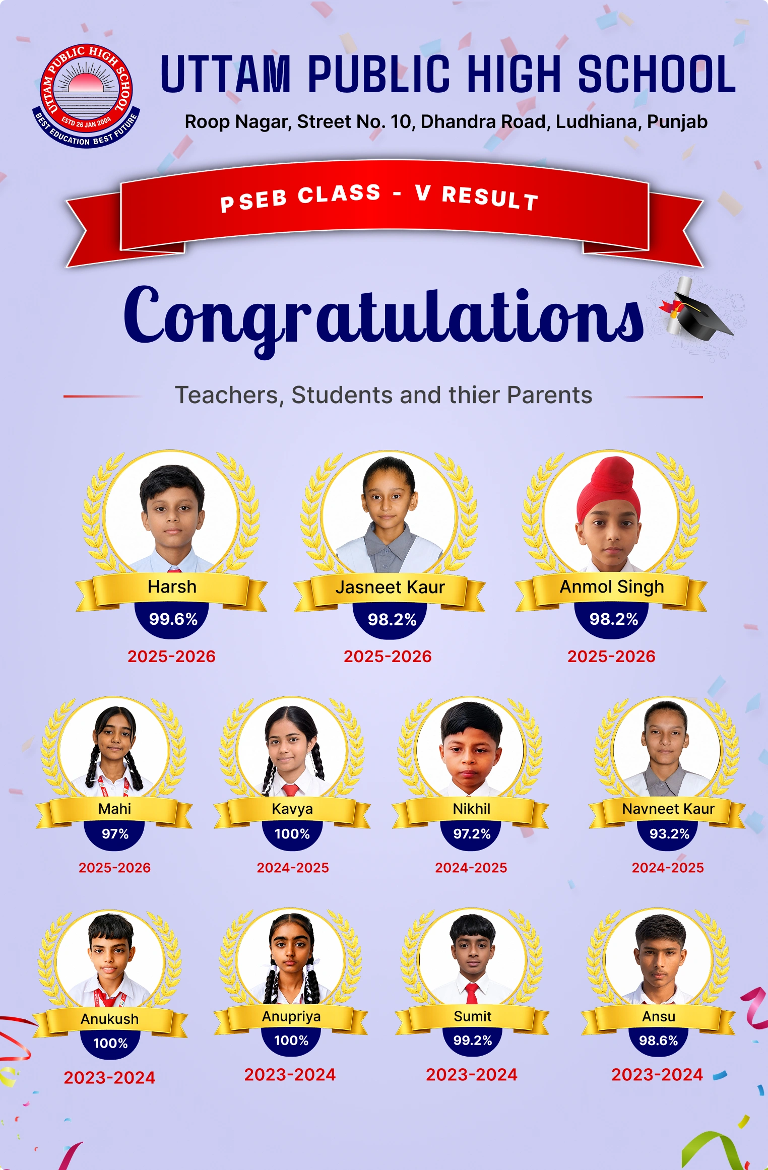 PSEB Class V result 2024-2025 toppers at Uttam Public School, Ludhiana